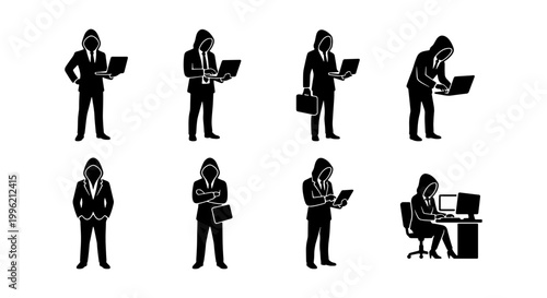Cyber hacker silhouette collection, anonymous hooded figures with laptops, set of 8 black and white vector icons for network security and data breach
