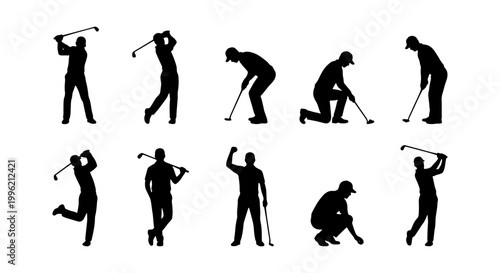 Golf player silhouettes set, professional golfer swinging and putting vector icons, 10 male athlete poses for sports branding and tournament design