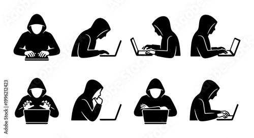 Cyber hacker silhouette icon set, anonymous hooded programmer using laptop, black and white vector collection of 8 digital criminal characters