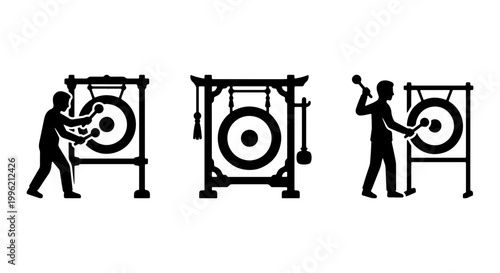 Traditional Asian gong instrument icons, black silhouette of musician hitting large metal gong, set of 3 percussion vector elements for music and culture