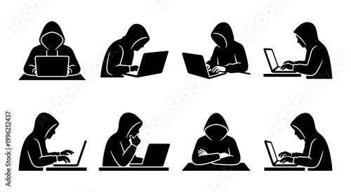 Cyber hacker silhouette icons, hooded programmer using laptop computer set, black vector illustrations of anonymous internet criminals and coders