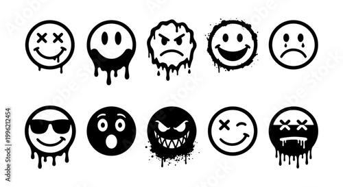 Graffiti smiley face icons with melting paint drips, set of 10 street art emoji vectors, urban grunge emoticon collection for streetwear design