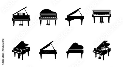 Grand piano vector icons set, black silhouette musical instrument collection, 8 classical piano symbols for concert posters and music education