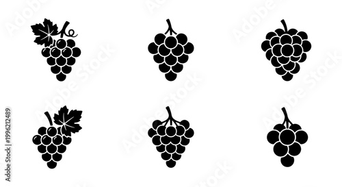 Minimalist grape bunch icons, black silhouette fruit vector set, 6 grape clusters with leaves for winery branding and organic food labels