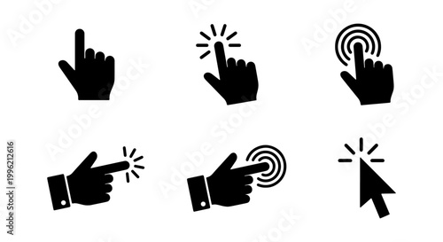 Minimalist hand cursor icon set, black computer mouse pointer symbols, 6 vector clicking finger gestures for website navigation and interface design