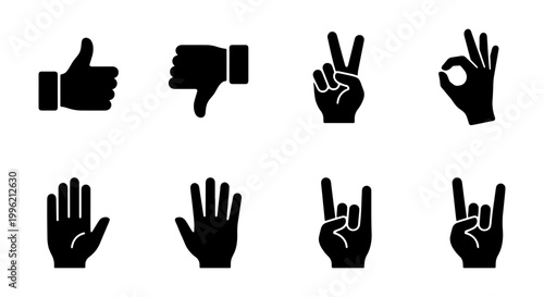 Minimalist hand gesture icon set, black silhouette human hand signs, 8 vector elements featuring thumbs up peace and rock symbols for ui design