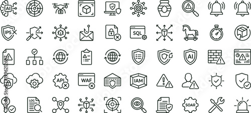 Cybersecurity intrusion monitoring protection outline icon set featuring firewall authentication analytics vector collection for dashboards interfaces applications network defense systems