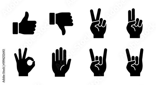 Minimalist hand gesture icons set, black silhouette human hand signs, thumbs up and down symbols, peace and rock on finger gestures, vector collection