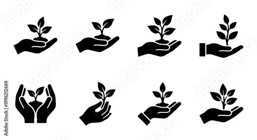 Environmental sustainability icons, hand holding plant growth vector set, 8 black silhouette symbols for ecology and corporate social responsibility