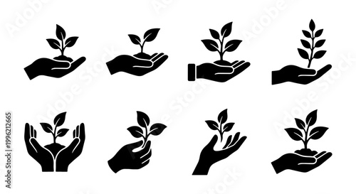 Eco-friendly hand holding plant icons, 8 black seedling and sprout vector symbols, environmental growth and sustainability concept graphics