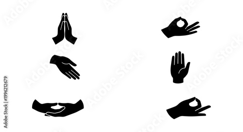 Yoga mudra hand icons set, black silhouette meditation gestures, spiritual zen hand positions for wellness and mindfulness design, 6 vector elements