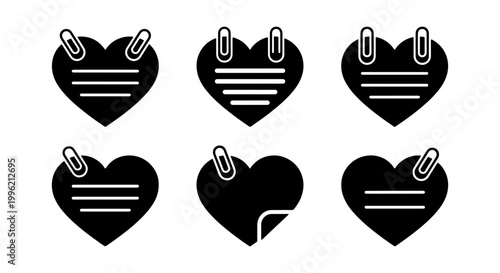 Minimalist heart note icons with paper clips, black silhouette heart shaped sticky notes set, romantic office stationery vector elements for planning