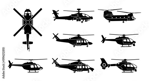 Military and civilian helicopter silhouettes set, 8 black aircraft vector icons, transport and aviation collection for infographics and technical design