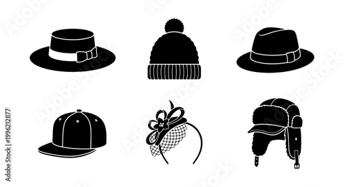 Vintage hat icon set with 6 black vector silhouettes, classic headwear collection including fedora, beanie, baseball cap, and winter ushanka