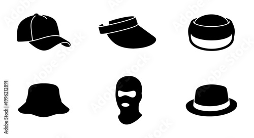 Minimalist headwear icon set, black silhouette hats and caps collection, 6 vector headgear symbols including baseball cap and balaclava for fashion design