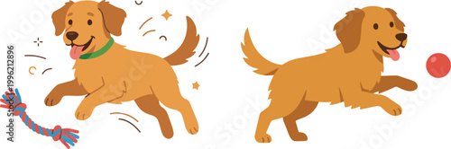 Illustration of playful cartoon dogs running and chasing toys, capturing energetic and joyful pet activity.