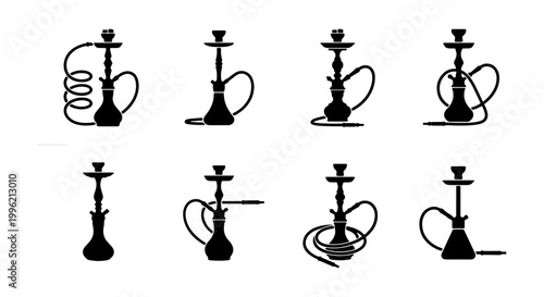 Hookah silhouette vector icons set, traditional shisha smoking pipes collection, black oriental water pipe illustrations for lounge and cafe branding