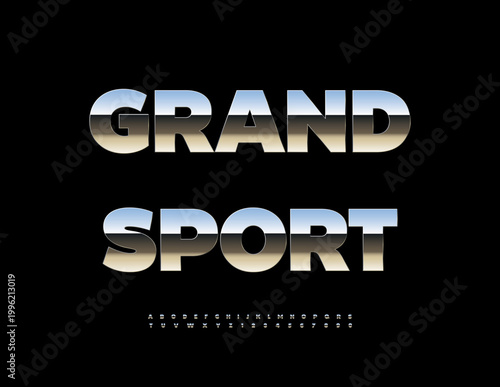 Vector Metallic icon Grand Sport. Shiny Chrome Alphabet Letters and Numbers set. Silver Uppercase Font.