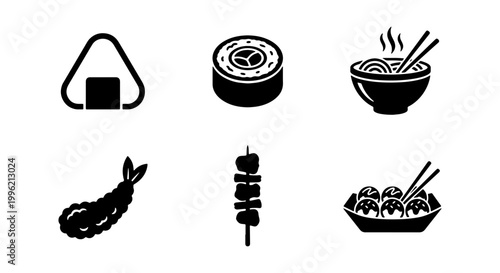Japanese food icon set, black minimalist sushi and ramen vector illustrations, 6 solid glyph symbols for restaurant menus and asian cuisine branding