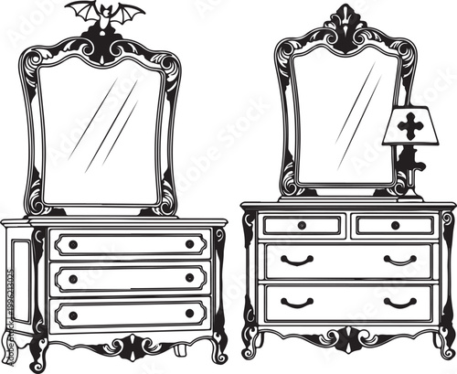 Ornate dressers, antique vanity sets, black and white vector, furniture illustrations, home decor elements