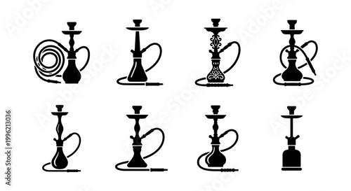 Hookah silhouette icons set, black shisha water pipe vector collection, 8 oriental smoking equipment symbols for lounge bar menu and branding
