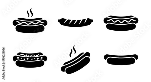 Hot dog vector icon set, black silhouette sausage and bun collection, fast food grill symbols, 6 minimalist street food elements for restaurant menus