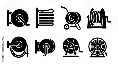 Industrial garden hose reel icons set, black silhouette water pipe storage symbols, 8 vector irrigation equipment elements for landscaping and fire safety
