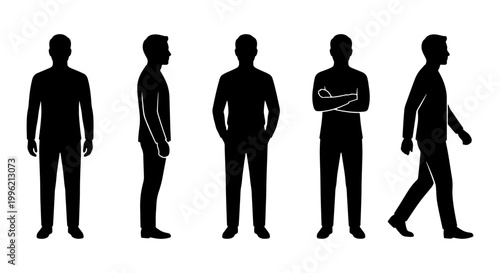 Tableau sur toile Black male silhouettes in various poses, set of 5 man figure icons, standing and
