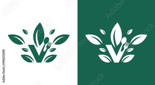 Vegan Food Logo Design with Leaf and Utensils.