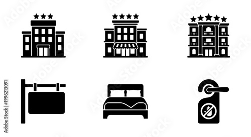 Hotel and accommodation icon set, black solid glyph vector symbols, hospitality building and room service elements for travel booking apps