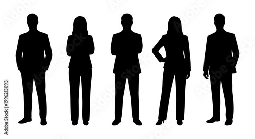 Professional business people silhouettes, corporate team standing in formal attire, group of five diverse office workers, black vector figures on white background