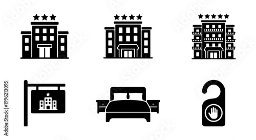 Hotel and hospitality icon set, black solid glyph vector symbols of building facades with stars, bedroom furniture and door hanger