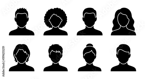 Minimalist user profile avatar icons, set of 8 diverse people silhouettes, black and white human head and shoulder vector symbols for web interface