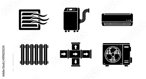 HVAC system icons set, air conditioning and heating equipment symbols, black silhouette climate control vector collection for home and industrial use