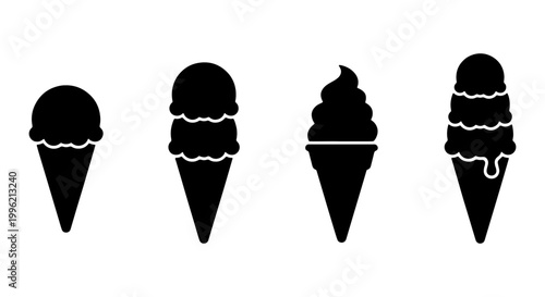 Minimalist ice cream cone silhouette icons, set of 4 black vector dessert symbols, summer food graphics for menu design and signage