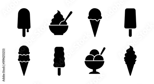Minimalist ice cream icon set, black silhouette frozen dessert collection, 8 vector elements featuring popsicles and sundae bowls for menu design