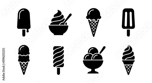 Minimalist ice cream icons set, black silhouette frozen dessert collection, 8 vector symbols of popsicles and soft serve cones for cafe menus