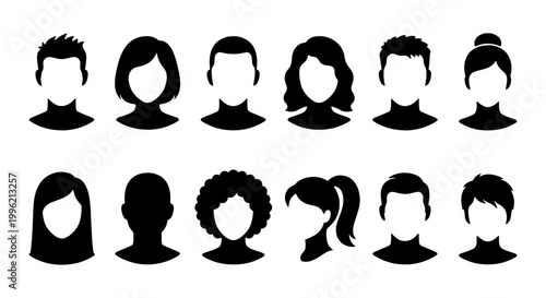 Minimalist avatar profile silhouettes, set of 12 diverse human head icons, black and white person placeholder vector illustrations for web UI design