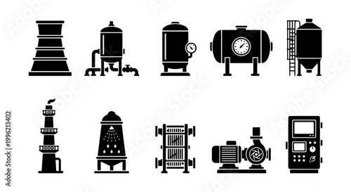 Industrial factory equipment icons set, black silhouette manufacturing machinery vectors, 10 chemical plant and refinery processing units