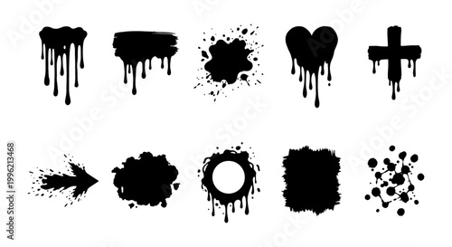 Black dripping paint splatter set, 10 grunge ink blot vector elements, liquid spray drip heart and arrow shapes for street art design