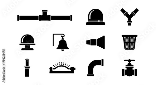 Industrial plumbing and fire safety icons, black silhouette pipe fittings and sprinkler system set, 11 vector elements for engineering and construction