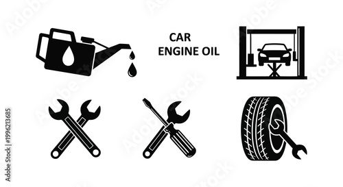 Automotive repair icons depicting tools and vehicle maintenance silhouette