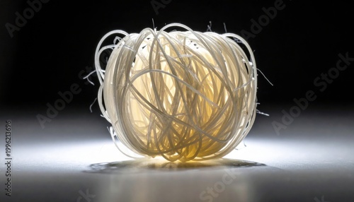 A glowing sphere of complex spun superconductive material threads, representing advanced nanotechnology and quantum physics research in a dark laboratory setting.