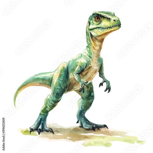 Velociraptor, cute watercolor illustration with intricate patterns and vibrant splashes, isolated on a white background.