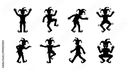Jester silhouette collection, set of 8 medieval harlequin characters in various poses, black clown and joker vector icons for carnival and theater design