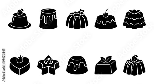 Minimalist pudding icons set, black silhouette dessert vector collection, sweet jelly and custard shapes, 10 food elements for menu design