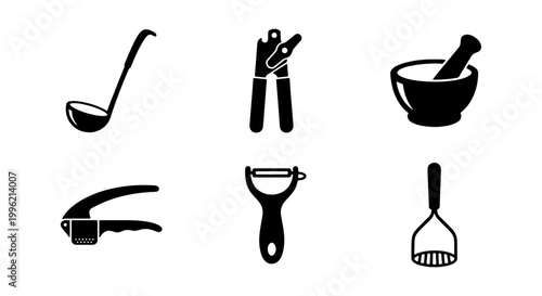 Minimalist kitchen utensil icon set, black silhouette cooking tools collection, 6 vector culinary equipment symbols for restaurant menus and food apps