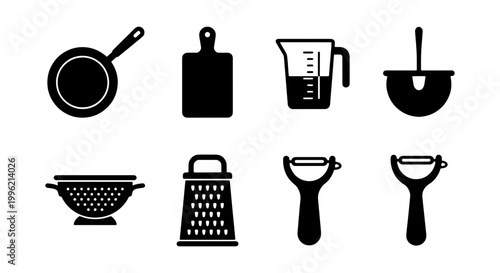 Minimalist kitchen utensils icon set, black solid vector cooking tools collection, 8 culinary equipment symbols for food preparation and restaurant menus
