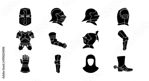 Medieval knight armor set, 12 black silhouette icons of warrior equipment, ancient metal protective gear for battle and history projects