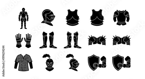 Medieval knight armor set, 15 black silhouette icons of plate mail and helmets, ancient warrior equipment vector collection for gaming and history